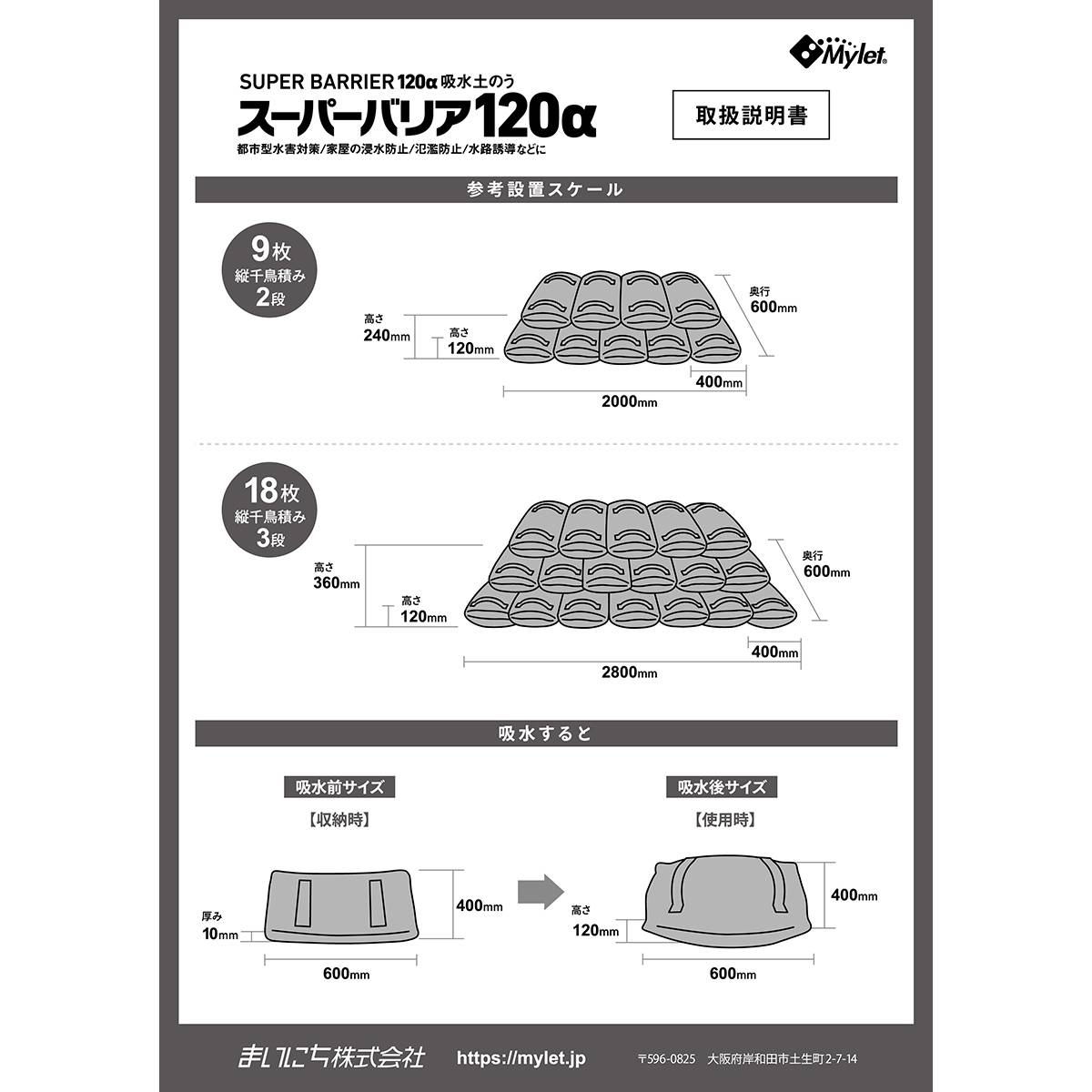 【土砂やスコップ不要の吸水土のう】スーパーバリア120a(10セット)